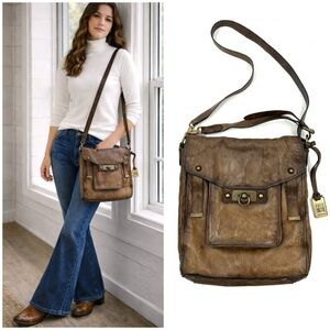 Frye Cameron Magazine Crossbody Bag Brown Leather Purse Distressed Satchel DB875